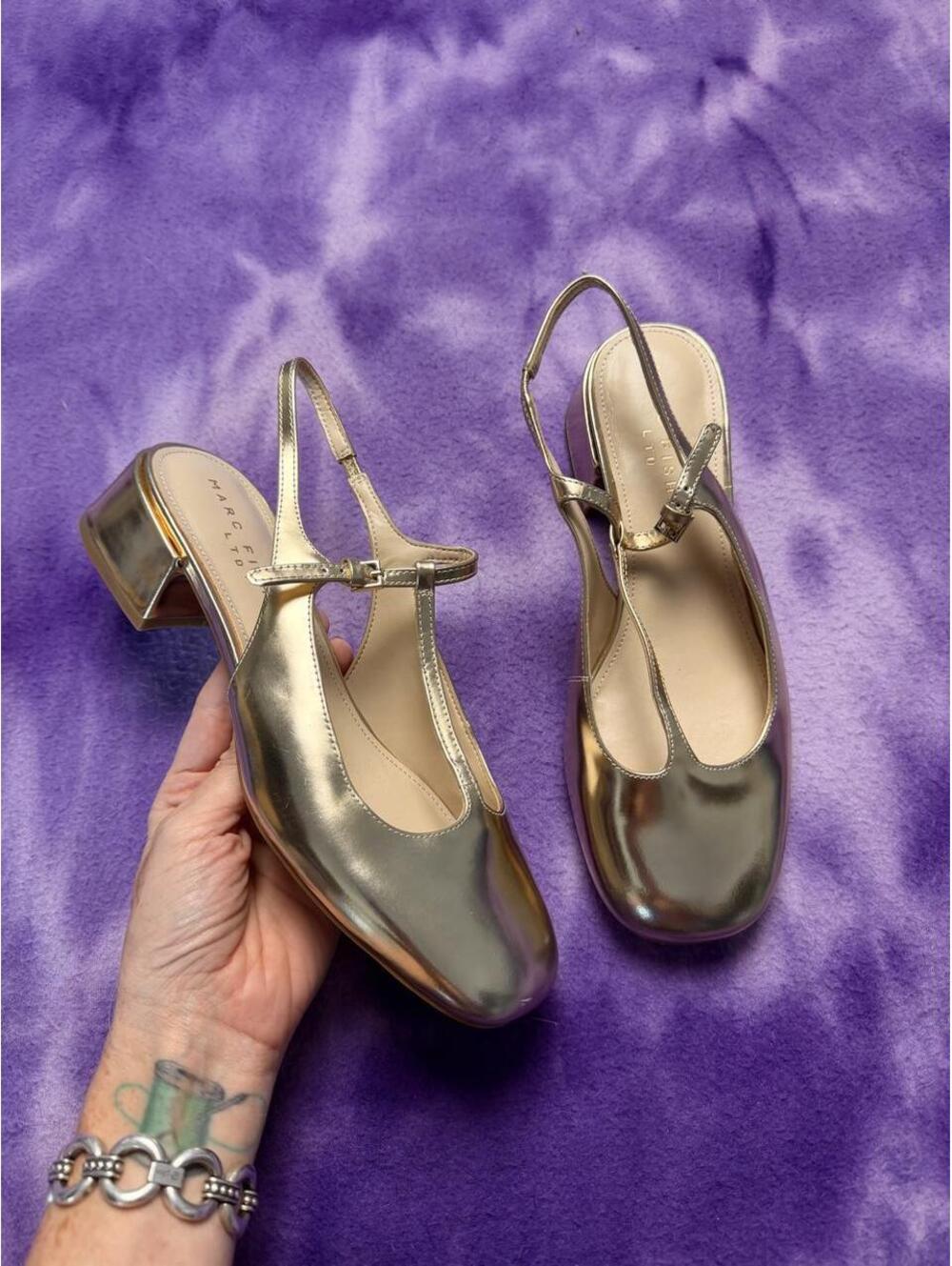 Marc Fisher Ltd gold metallic sling back T bar low heel pumps